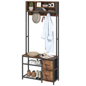 HOMCOM Hall Tree with Bench and Shoe Storage, 5-in-1 Entryway Bench with Coat Rack, 3 Storage Shelves, 2 Fabric Drawers, Brown