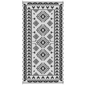 Reversible Outdoor Rug, Waterproof Plastic Straw With Carry Bag, 9 X 18, Black & White Rhombus Patchwork (Color: Black)
