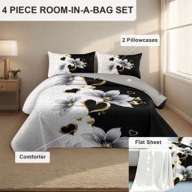 4 Piece Soft All-Season Washed Microfiber And Viscose Comforter Set ,  With Comforter, Sheet, Pillowcases & Shams, Print, Flowerd, Moisture-Wicki (Color: black/white lotus, size: QUEEN)