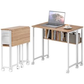 Folding Computer Desk, Foldable Desk With Storage Bag, Shelf And Wheels For Small Spaces, Home Office, Natural Wood (Option: Natural Wood)